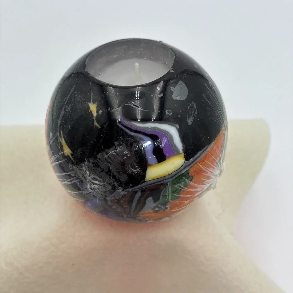 Halloween Witch Sphere Candle Round Black Orange Purple Spooky Decor 3 Inch